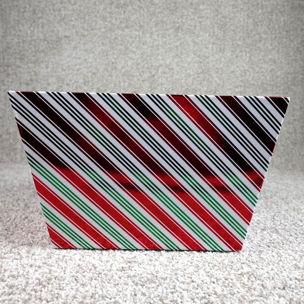 Holiday Christmas Candy Cane Striped Storage Bin Red Green White Foil‎ Basket